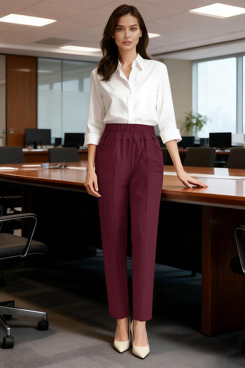 Soojun Womens Summer Elastic Waist Comfy Stretch Pull On Pants, Burgundy, X-Large - Image 3